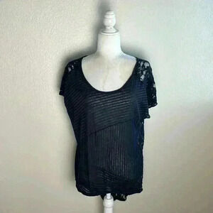 Free People Top Pullover Short Sleeve Scoop Neck Floral‎ Lace Black Sz XS